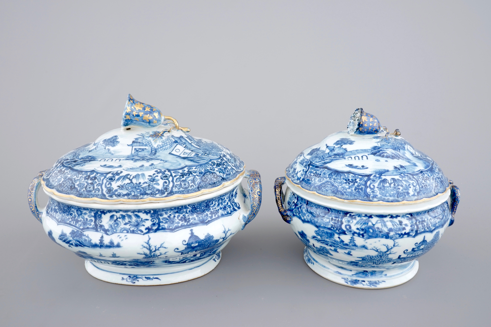 Two Chinese gilt, blue and white export porcelain tureens, Qianlong, 18th C.