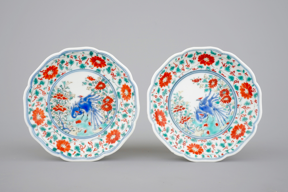 Two Japanese Kakiemon porcelain fluted saucer plates, 18th C.