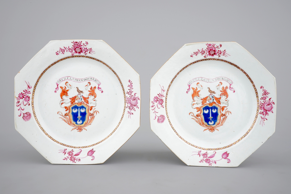 A pair of Chinese octagonal export porcelain armorial plates, Qianlong, ca. 1760