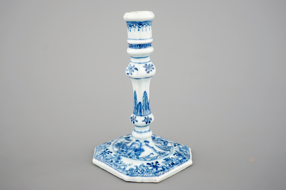 A blue and white Chinese porcelain candlestick, Qianlong, 18th C.