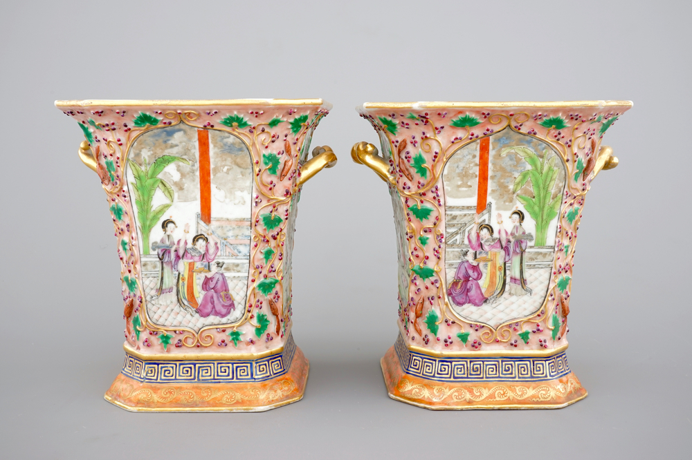 A pair of Chinese famille rose relief-decorated export porcelain bough pots, Qianlong, 18th C.