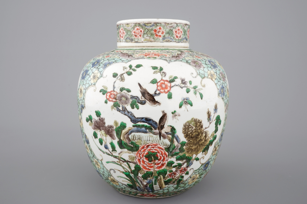 A tall famille verte ginger jar and cover, 19th C