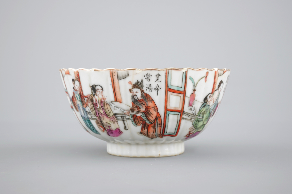 A small Chinese famille rose porcelain erotic subject bowl, 19th C.