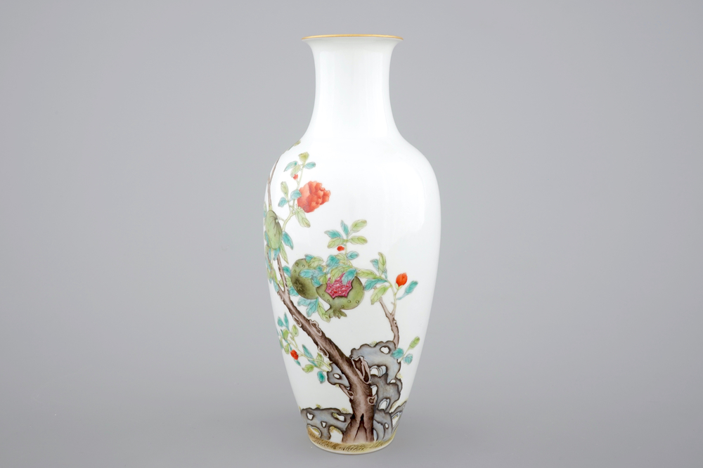 A Chinese famille rose vase with pomegranates, 20th C