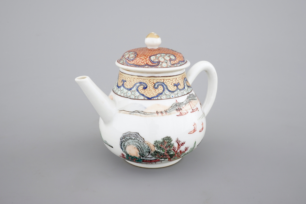 A Chinese export porcelain tea pot or jug and cover with a harbor scene, Yongzheng, 1722-1735