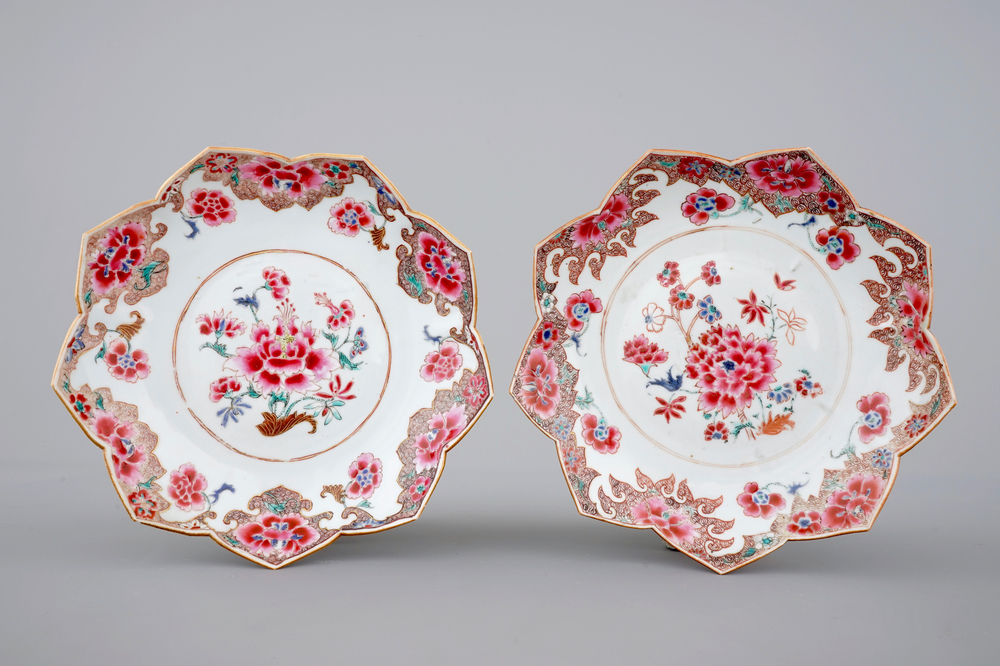Two Chinese famille rose porcelain lotus-shaped plates, Yongzheng, 1722-1735