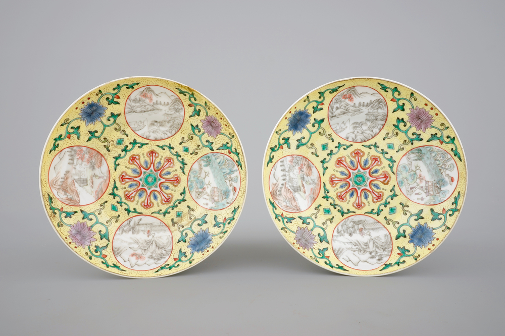 A fine pair of Chinese yellow ground sgrafitto plates, 19th C.