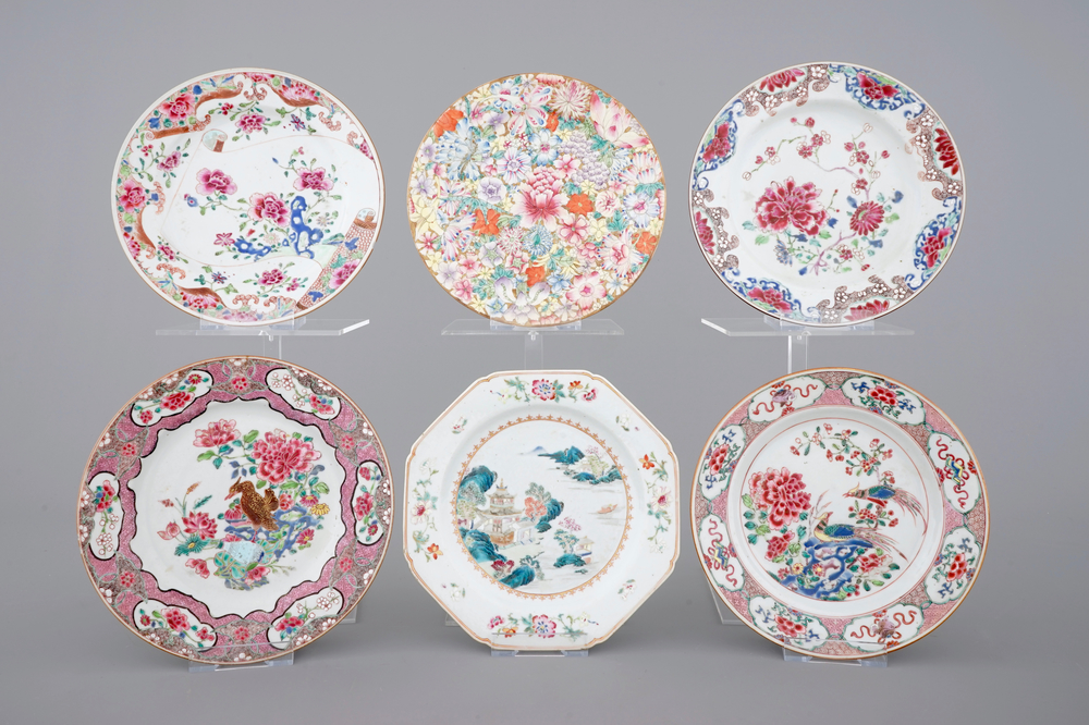 A nice set of six Chinese famille rose plates, 18/19th C.