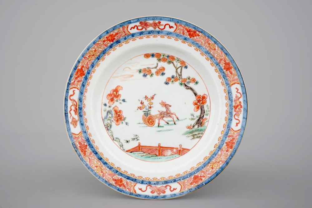 A fine Chinese verte-imari plate with a deer in a garden, Kangxi/Yongzheng, early 18th C.