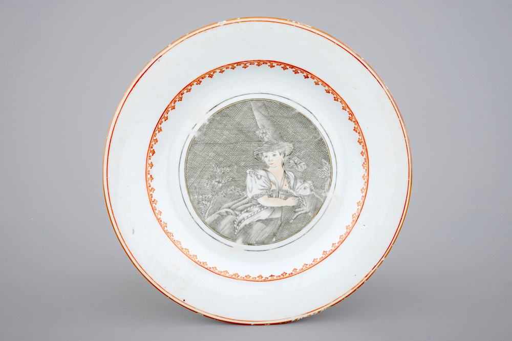 A Chinese grisaille export porcelain &quot;European figures&quot; shepherdess plate, 18th C