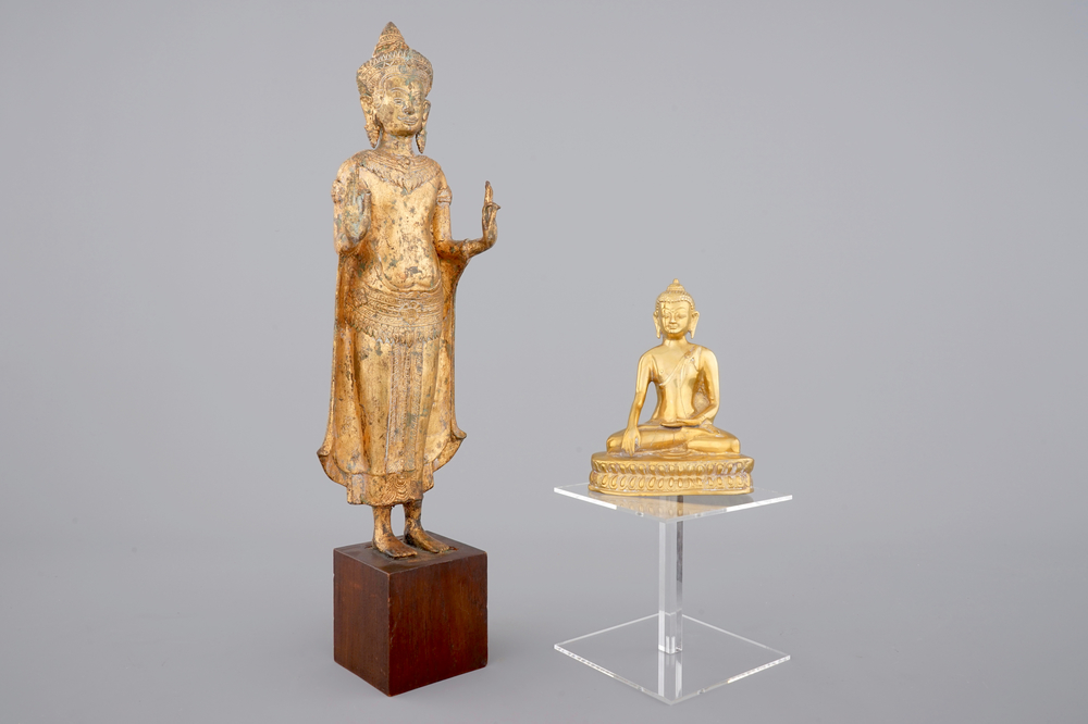 Two Asian gilt Buddha's, one Sino-Tibetan, seated, one standing, Nepalese (?), 19/20th C.
