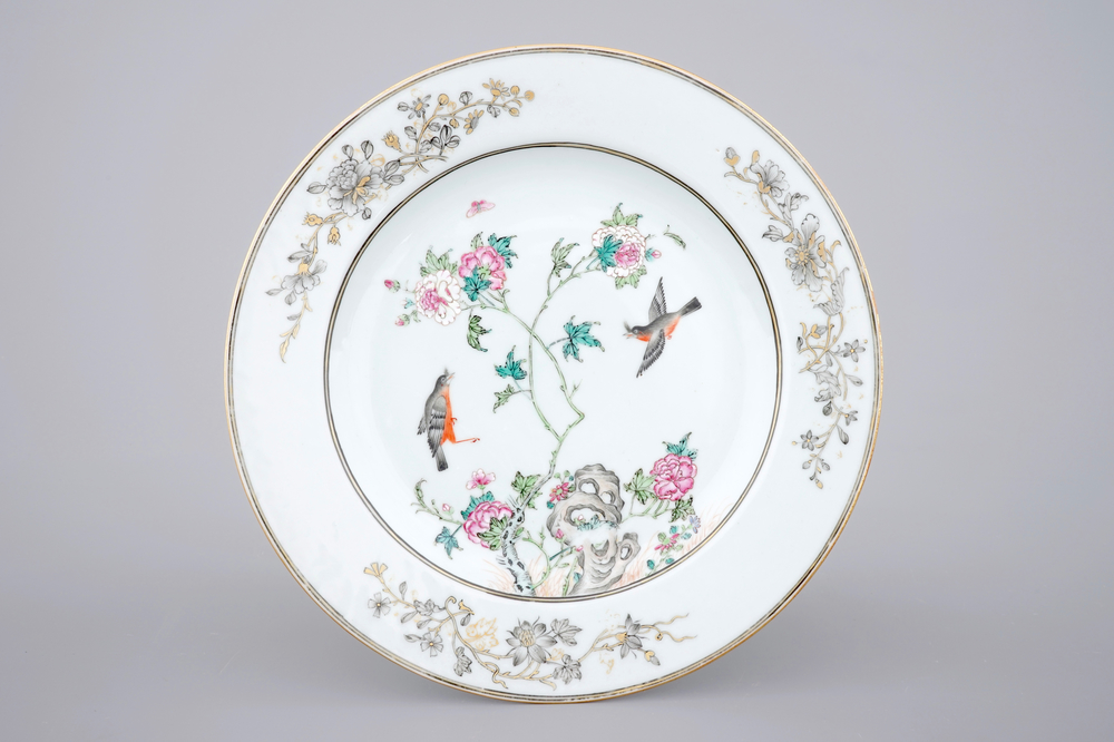 A fine Chinese famille rose porcelain plate with birds on a peony branch, Yongzheng, 1722 &ndash; 1735