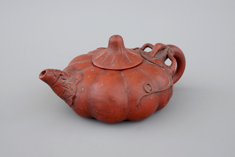 A Chinese Yixing stoneware pumpkin-shaped teapot, 19th C