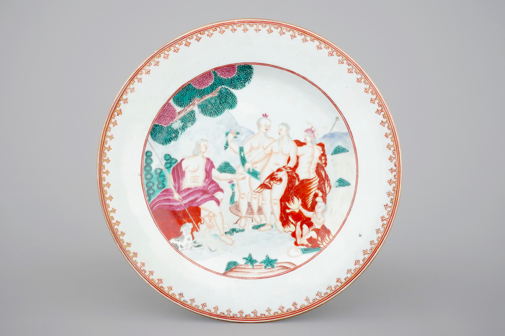 A Chinese famille rose export porcelain plate 'The judgement of Paris', Qianlong, 18th C