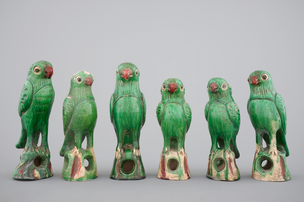 A set of six Chinese sancai pottery figures of parrots, late Qing Dynasty