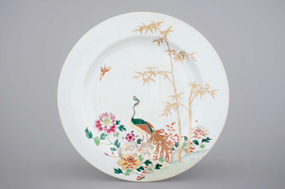 A large Chinese famille rose export porcelain peacock dish, Qianlong, 18th C.