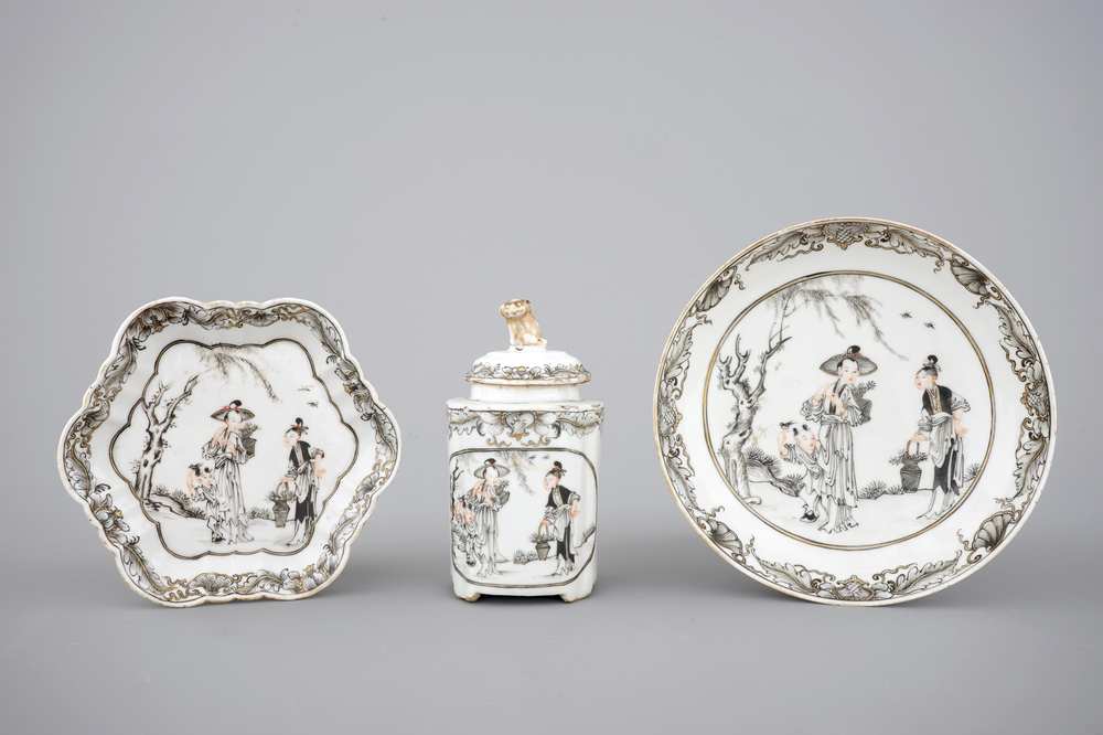 Chinese grisaille export porcelain: a tea caddy, saucer and teapot stand, 18th C