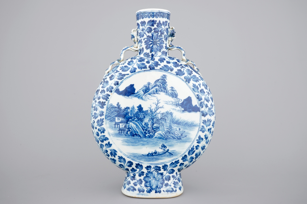 A Chinese blue and white porcelain moon flask with a fine landscape amidst lotus scrolls, 19th C.