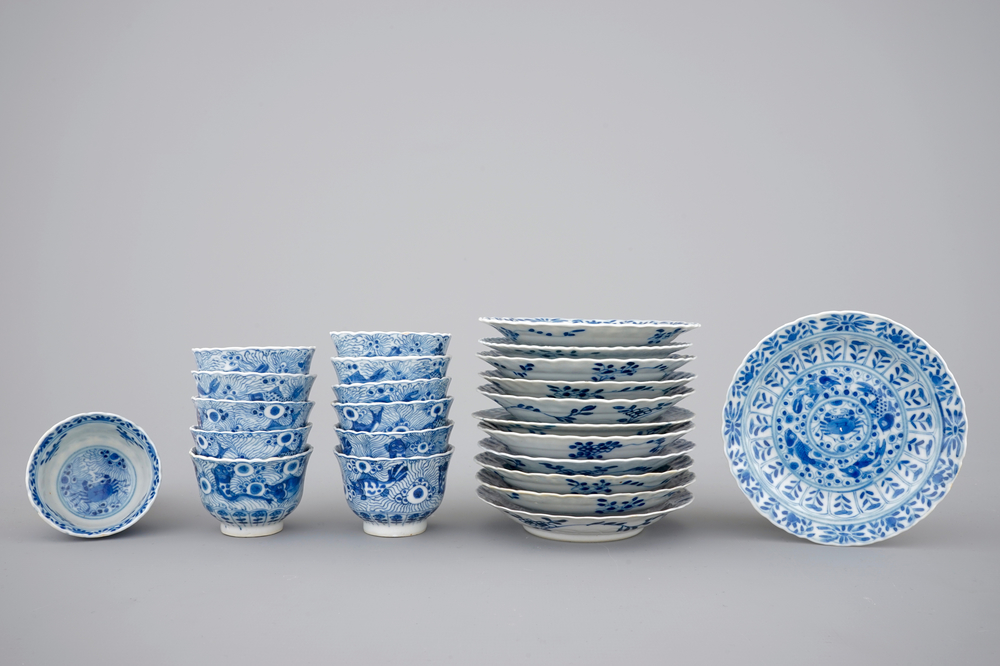 A set of 12 Chinese porcelain blue and white cups and saucers, 19th C