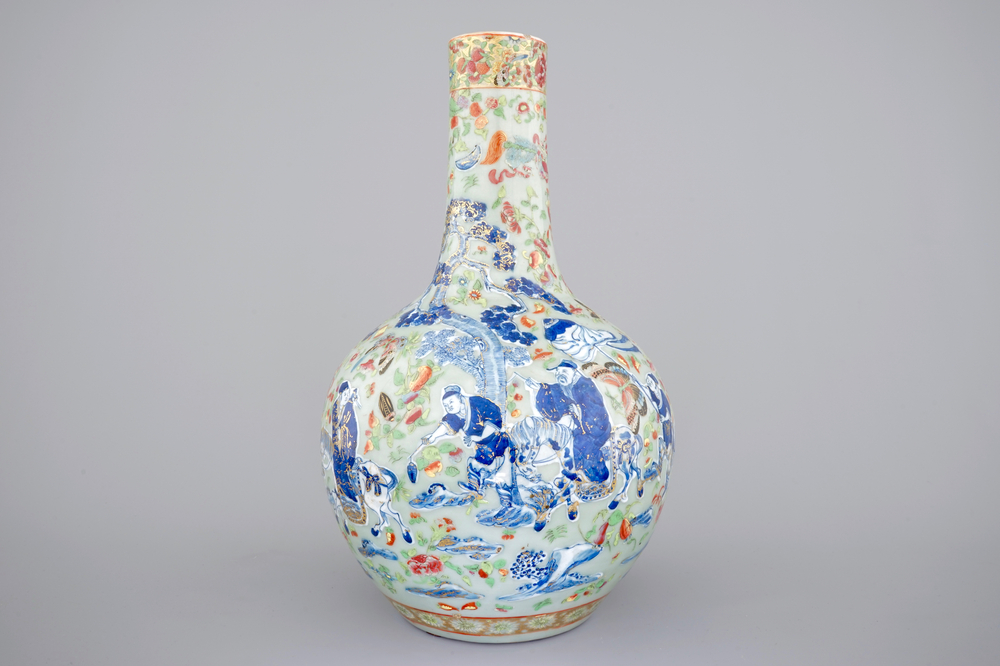 A Chinese celadon-ground blue and white porcelain bottle-shaped vase with Cantonese overdecoration, 19th C.