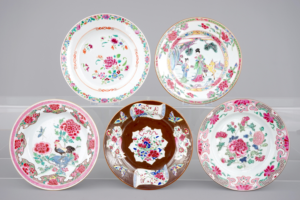 A set of five Chinese famille rose porcelain plates, Yongzheng and Qianlong, 18th C.