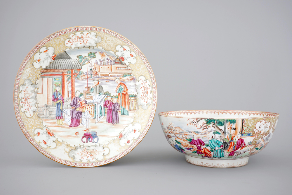 A Chinese export porcelain Mandarin pattern bowl and a dish, Qianlong, 18th C.