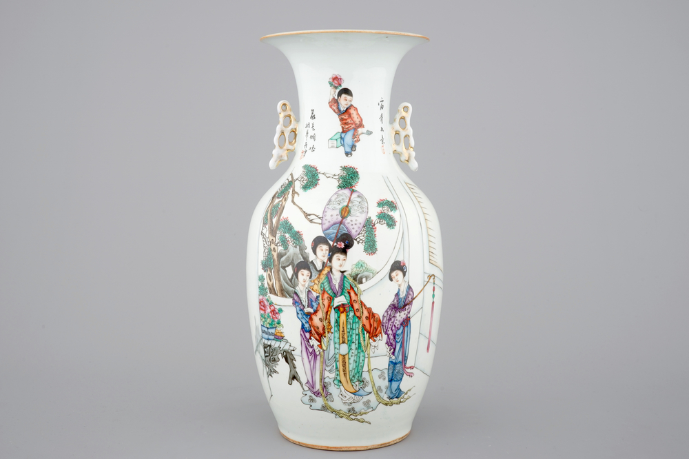 A two-sided Chinese porcelain vase with a garden scene of beauties, ca 1900