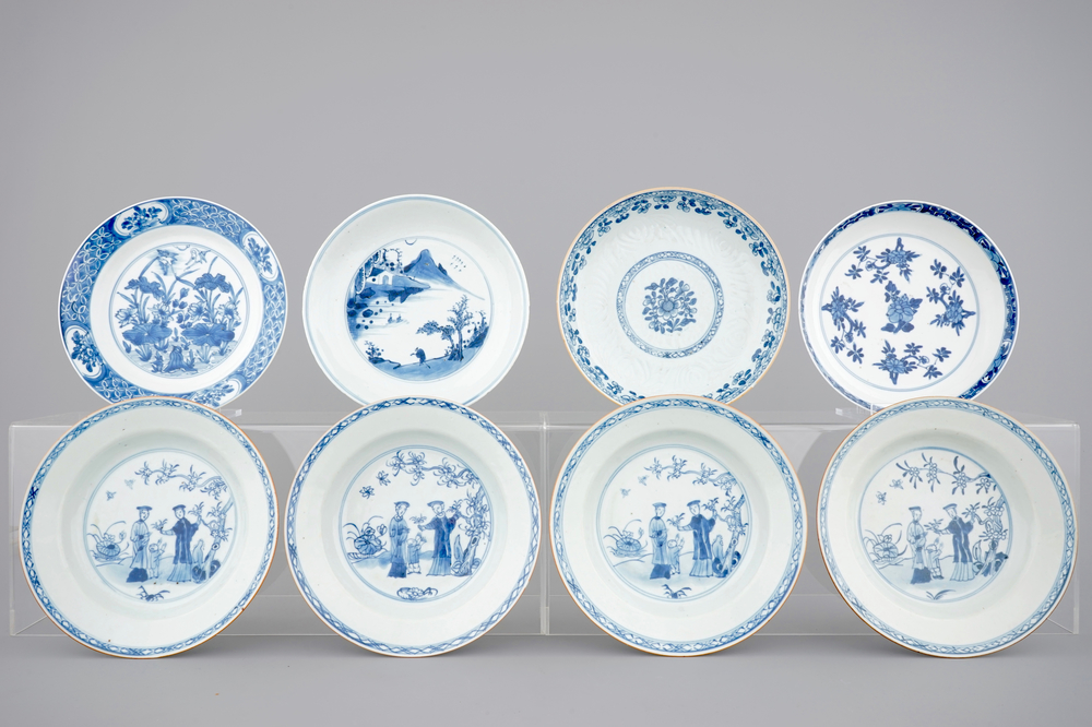 A set of 8 blue and white 18th C. plates: A set of 4 Qianlong figural plates, three Kangxi plates and a Qianlong floral plate