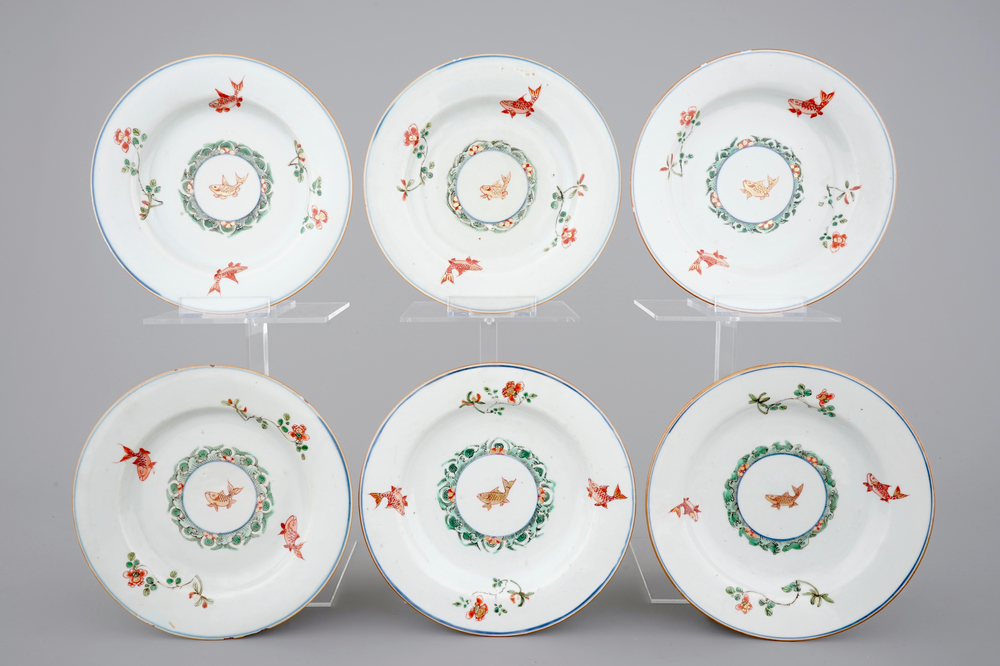 A set of six Chinese verte-imari porcelain plates with fish, Kangxi, ca. 1700
