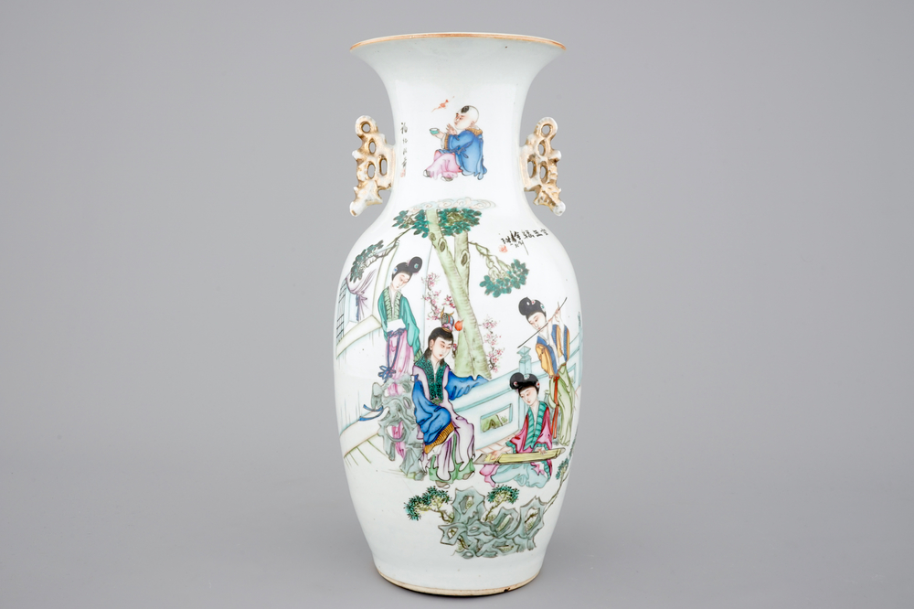 A two-sided Chinese porcelain vase with a garden scene of beauties, ca 1900