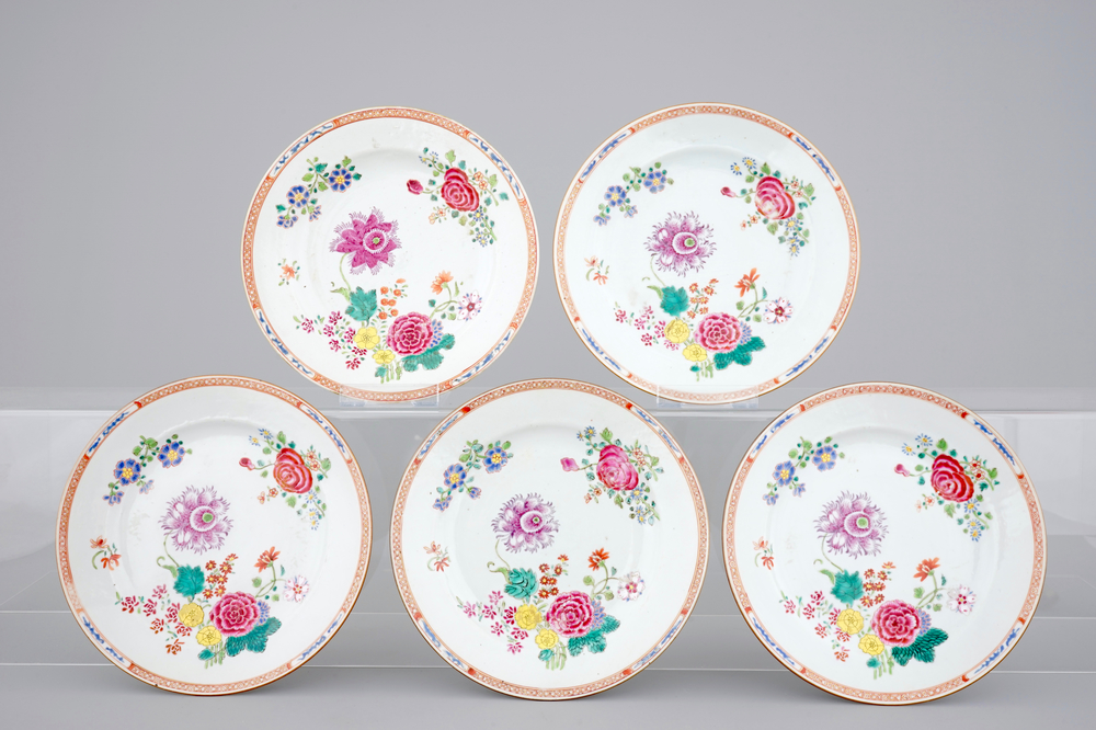 A set of 5 perfect famille rose floral plates, Qianlong, 18th C