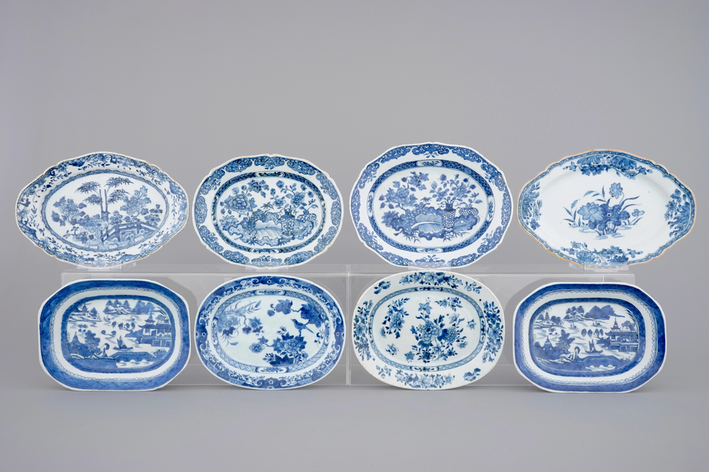 A set of 8 oval and rectangular blue and white Chinese porcelain dishes, 18th C.