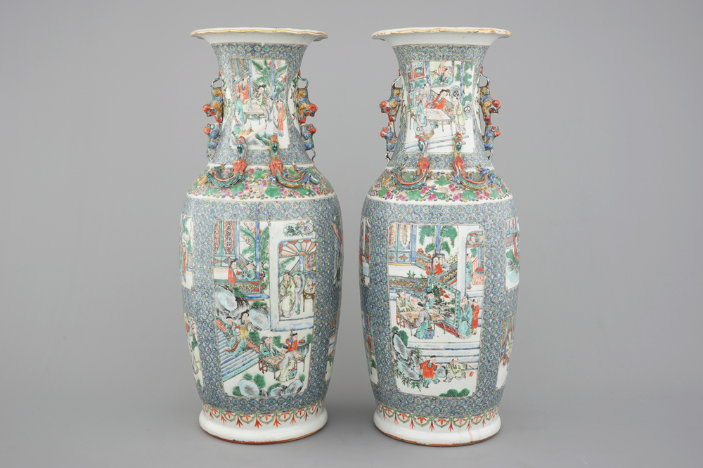 A tall pair of Chinese Canton verte porcelain vases with figural scenes, 19th C.