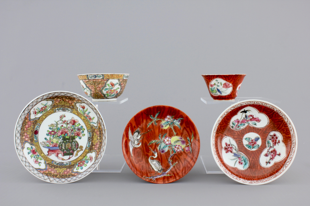 Two Chinese cups and saucers together with a faux-bois saucer, Yongzheng, 1722-1735