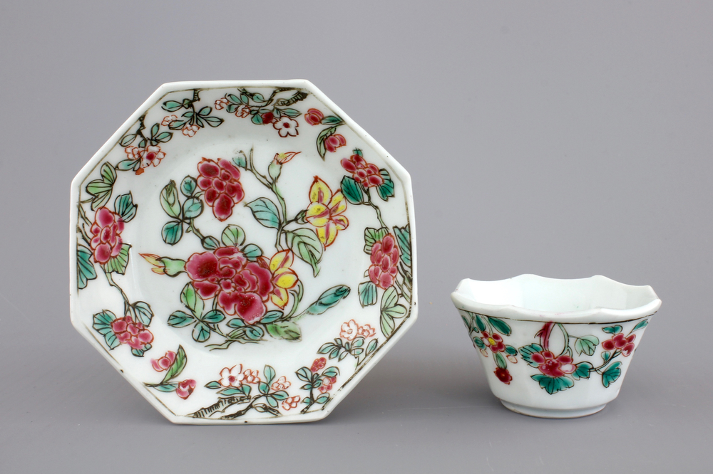 An octagonal Chinese floral famille rose porcelain cup and saucer, 18th C.