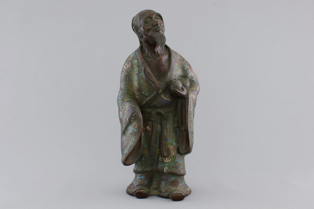 A Chinese bronze and cloisonne figure of an immortal, 18/19th C.