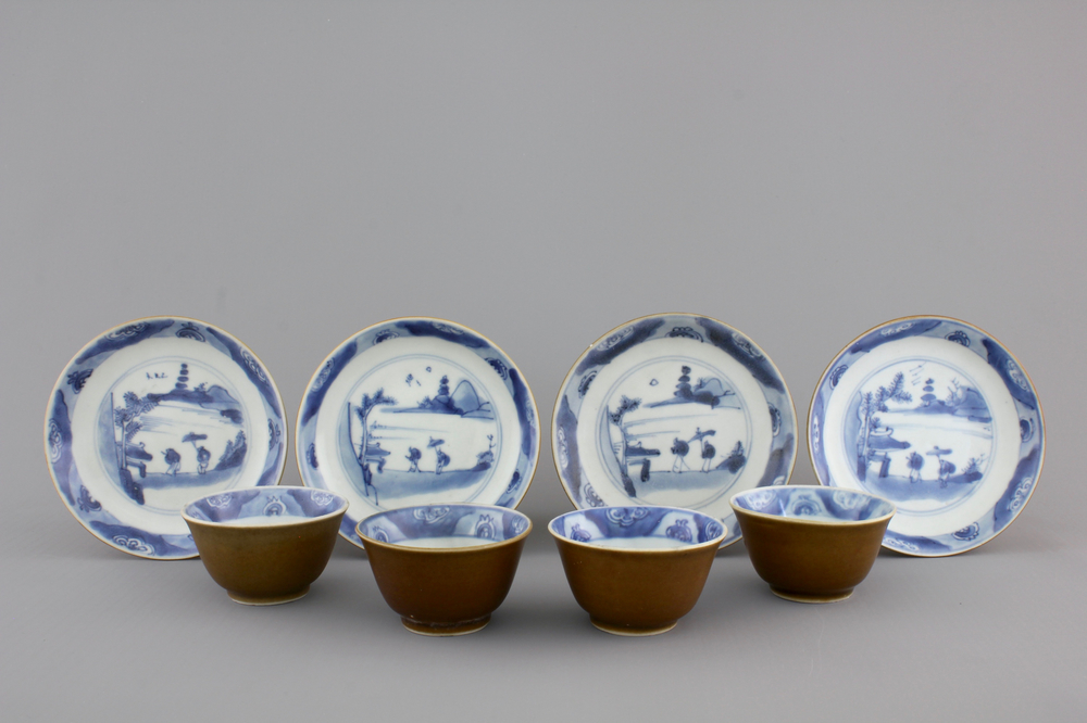 A set of 4 blue and white Chinese shipwreck porcelain cups and saucers, 18th C.