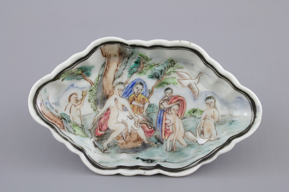 A Chinese famille rose export porcelain mythological spoon tray with Leda and the swan, 18th C.