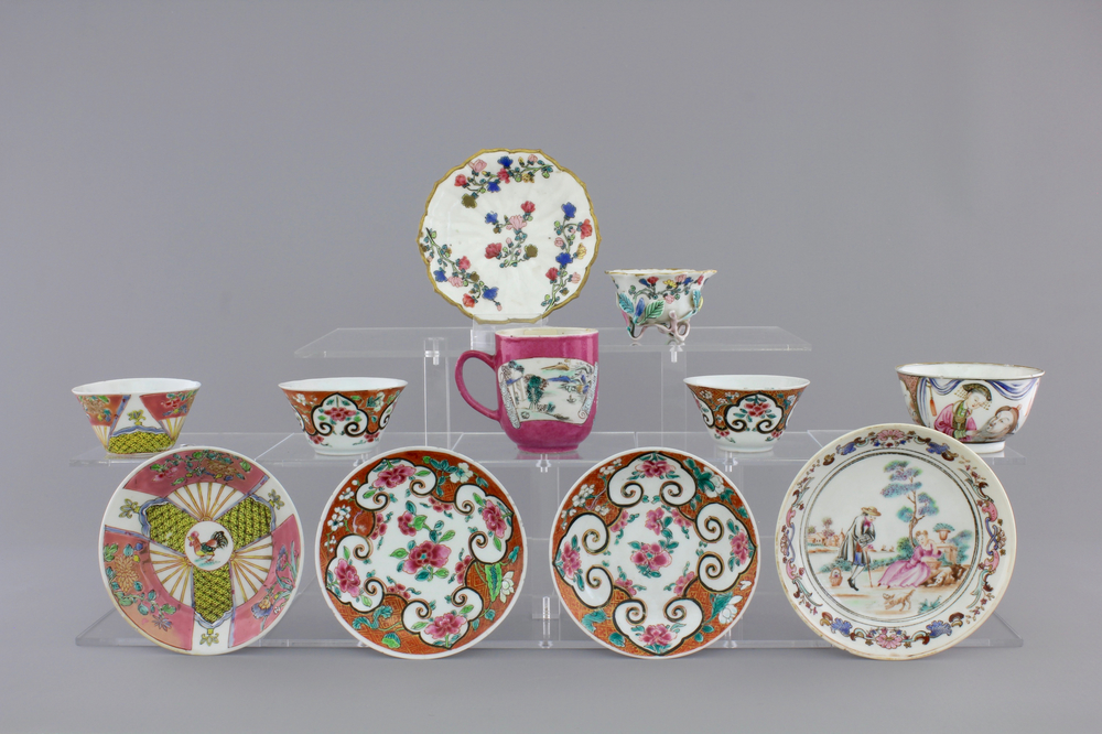 A fine set of six Chinese famille rose export porcelain cups and five saucers, Yongzheng-Qianlong, 18th C.