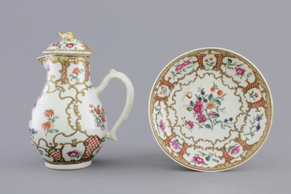 A Chinese export porcelain jug and cover with matching saucer, 18th C.