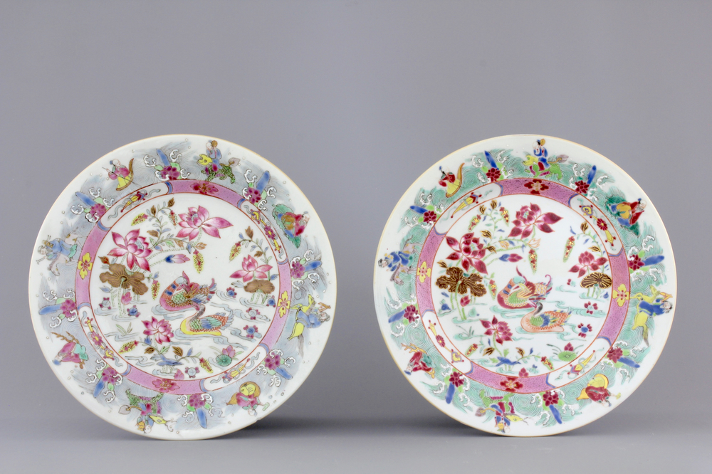 Two Chinese famille rose porcelain plates with ducks in a pond, Yongzheng, 1722-1735