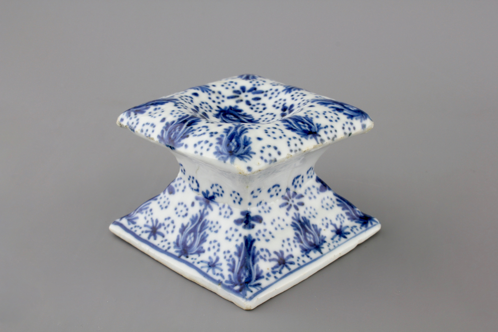 A rare Chinese blue and white square salt on foot, Kangxi, ca. 1700