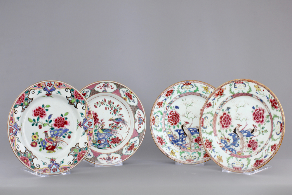 A set of four Chinese famille rose porcelain plates with birds, 18th C.