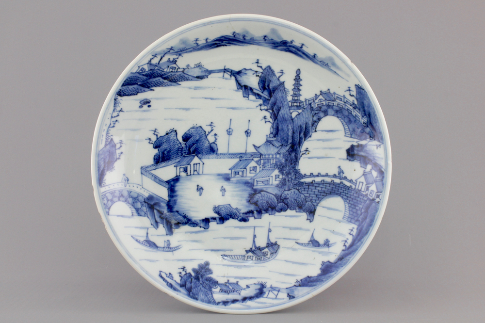 A very fine Chinese blue and white porcelain landscape plate, Kangxi, ca. 1670