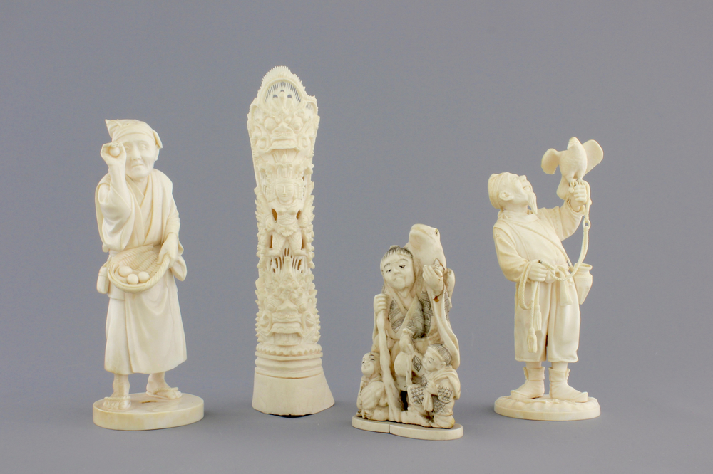 A group of various Asian ivory carvings incl. a falconer, 19th C.