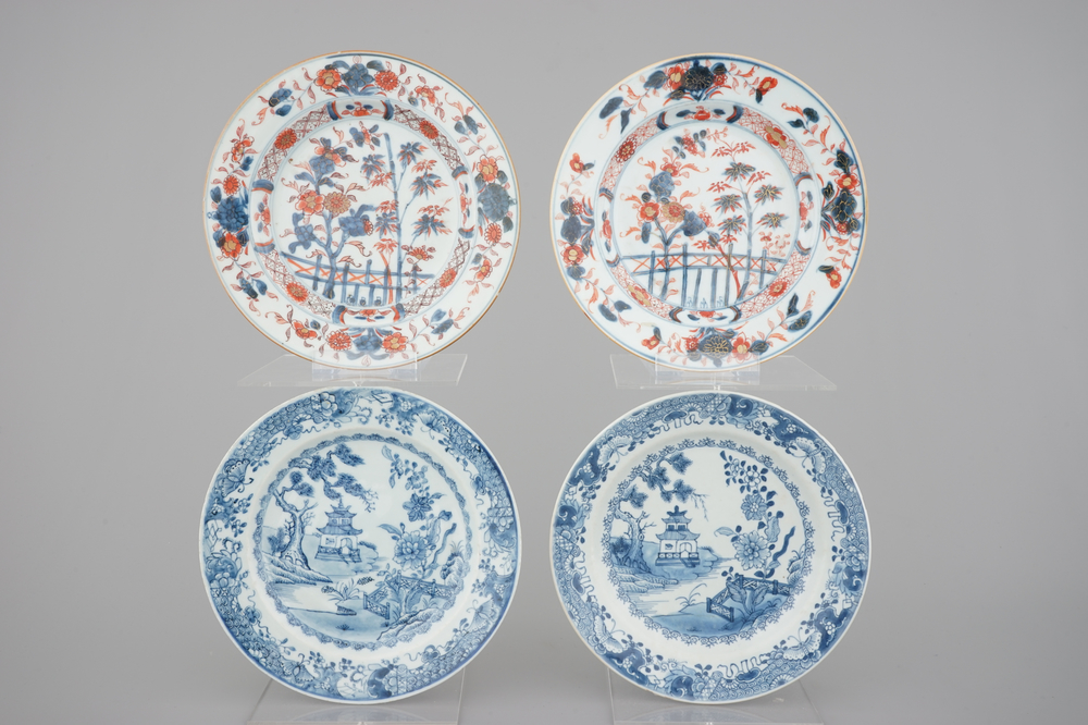Two pairs of Chinese porcelain plates, blue &amp; white and Imari, 18th C.