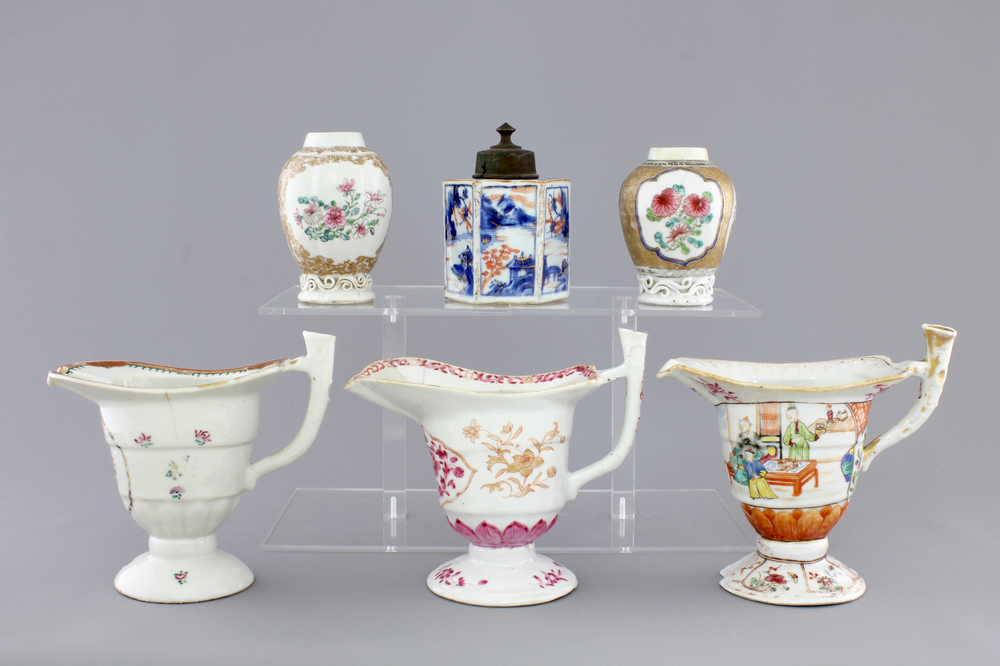 Three Chinese export porcelain tea caddies and three helmet-shaped jugs, Yongzheng-Qianlong, 18th C.