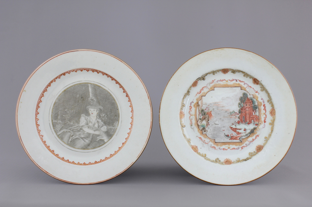 Two Chinese export porcelain grisaille and gilt European subject plates, Qianlong, 18th C.
