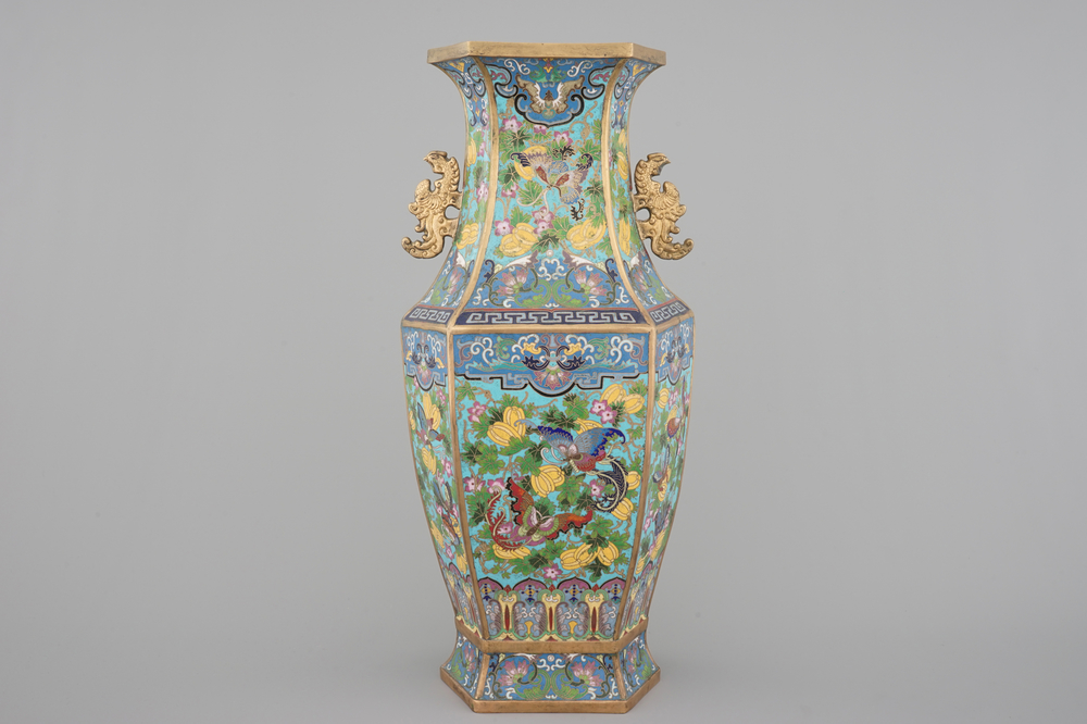 A Chinese hexagonal cloisonne vase with butterflies, 19th C.