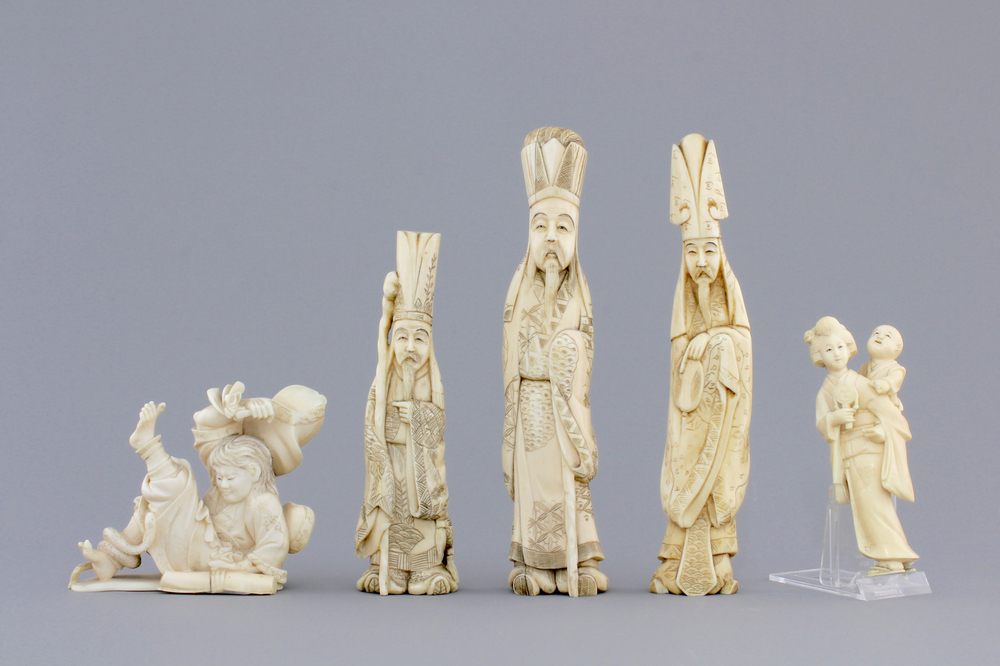 A good set of five Japanese carved ivory figures, 19th C.